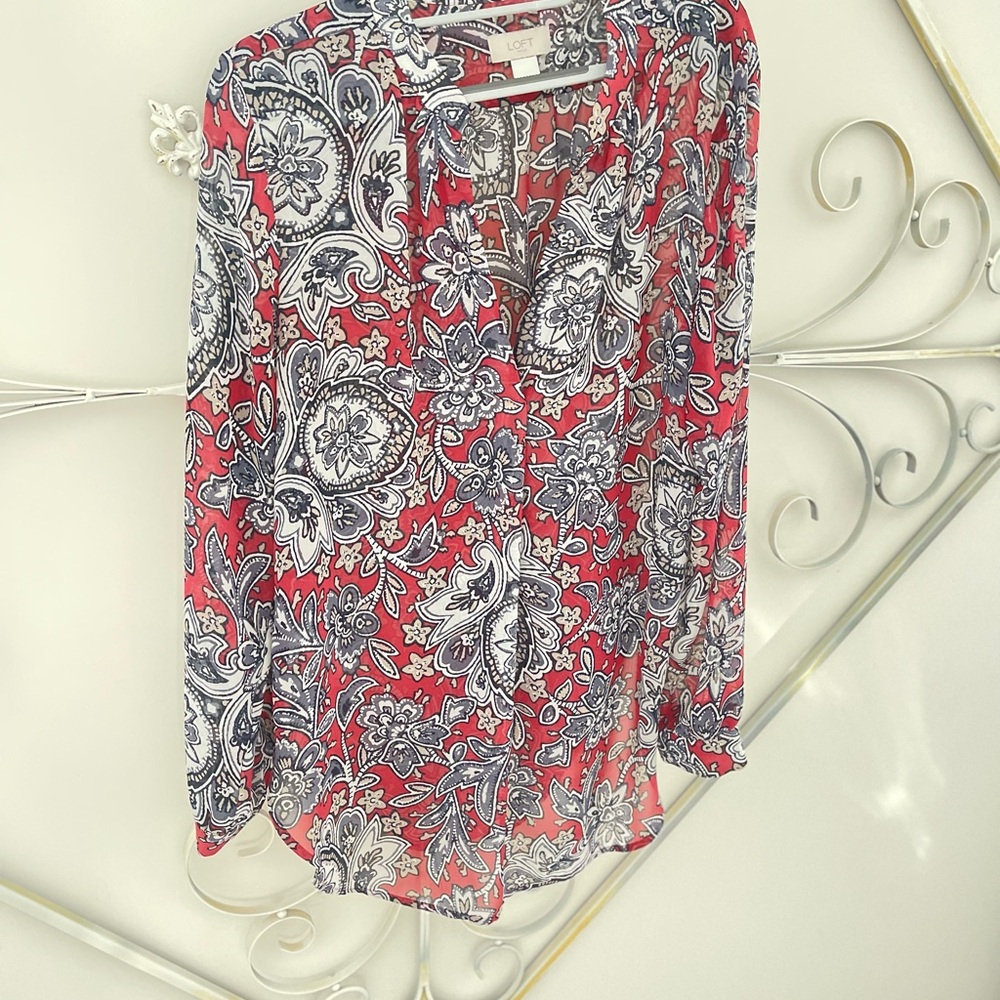 LOFT Red and Black Floral Blouse